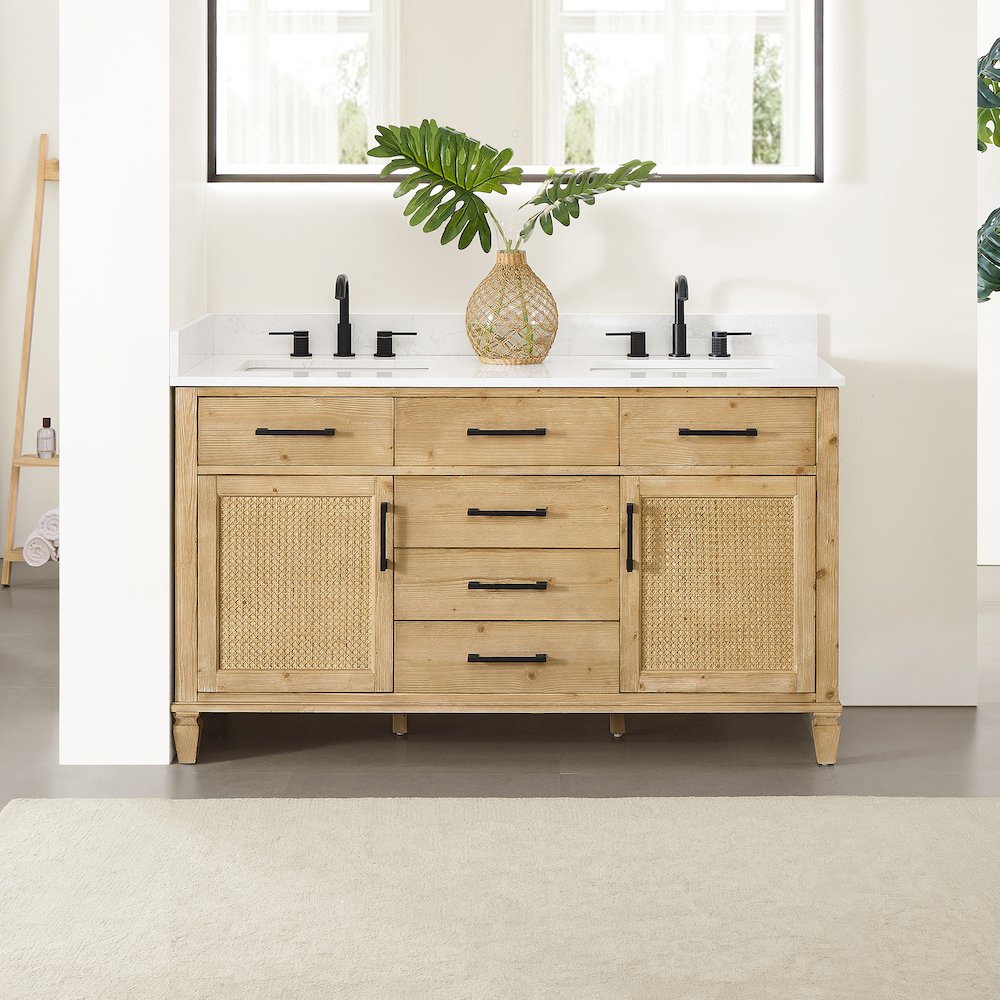 60" Double Bathroom Vanity in with Grain White Engineered Stone Countertop