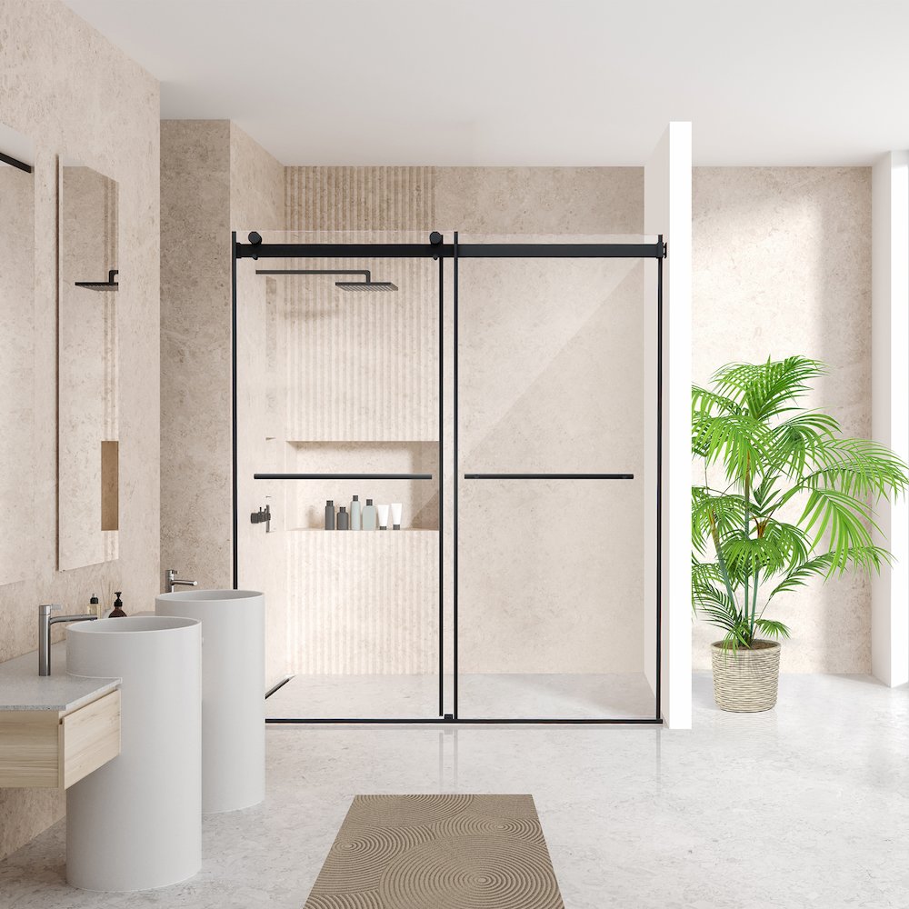 Frameless Exposed Roller Shower Door in Matte Black with Clear Glass