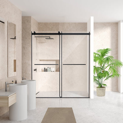 Frameless Exposed Roller Shower Door in Matte Black with Clear Glass