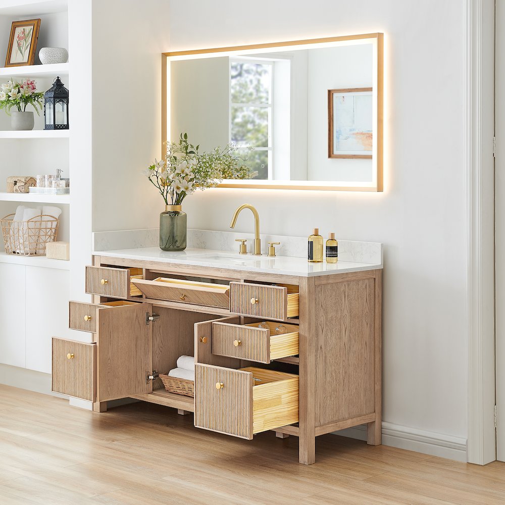Single Bathroom Vanity in Nature Oak Grain White Engineered Stone Countertop