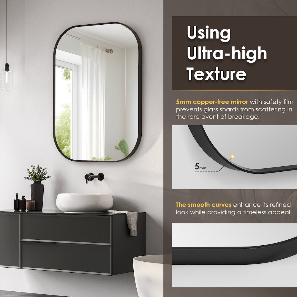 24x32" Rectangular Aluminum Framed in Matte Black Modern Bathroom Wall Mirror