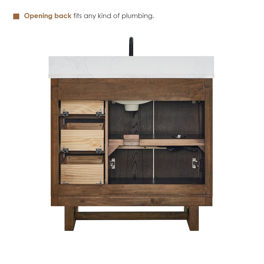 36" Single Bathroom Vanity in Brown Brushed Oak with Grain White