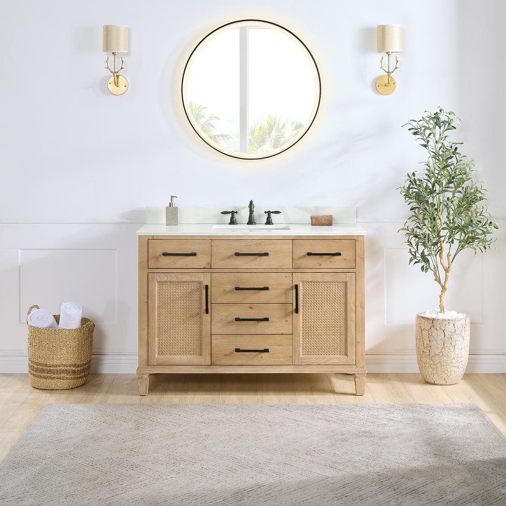 Single Bathroom Vanity in Weathered Fir with Stone Countertop with Mirror