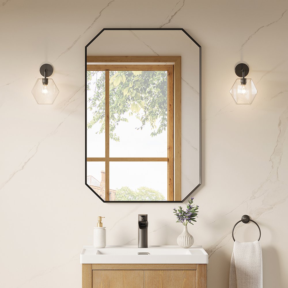 24"x36" Octagon Aluminum Framed in Matte Black Modern Bathroom Wall Mirror