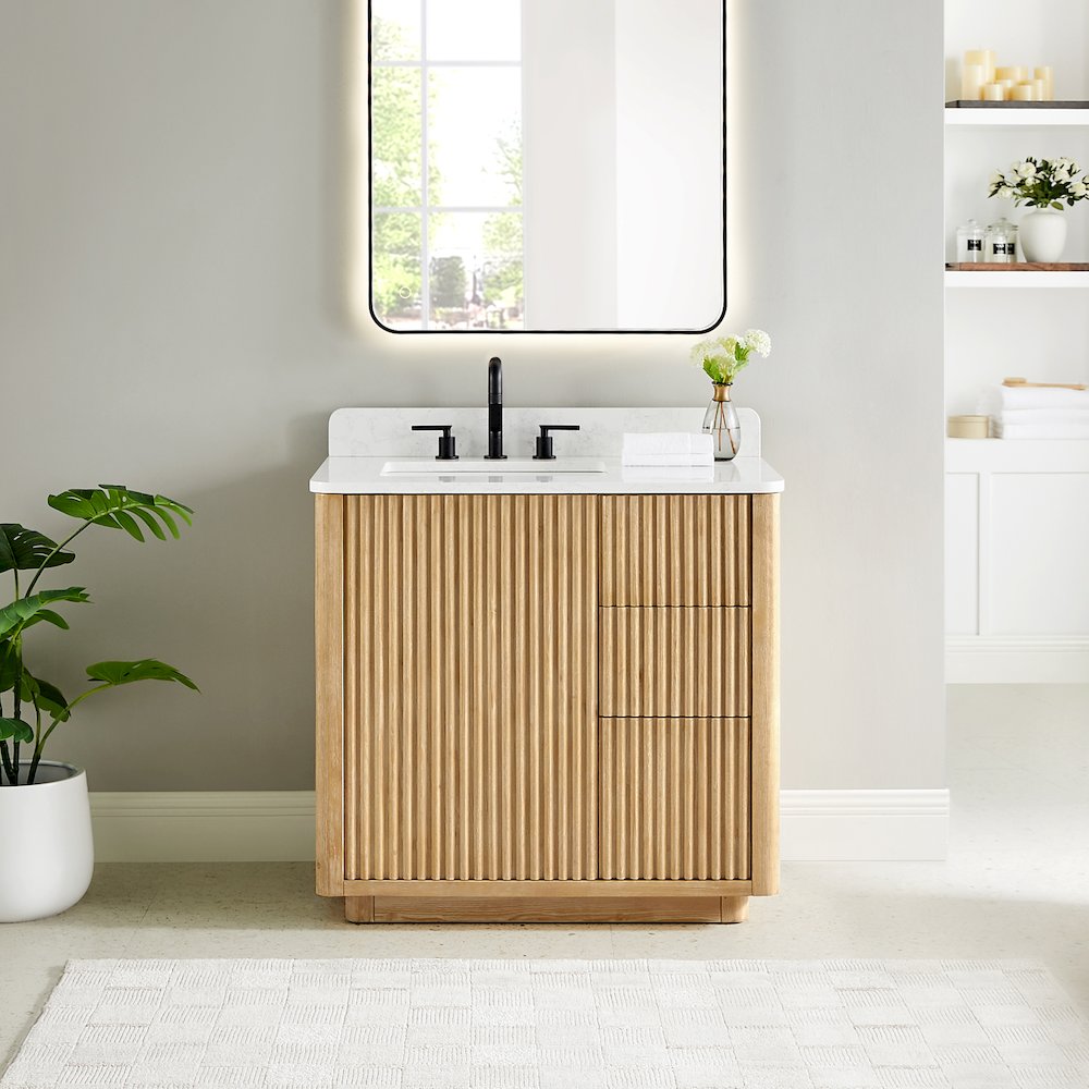 36" Single Bathroom Vanity in Washed Light Brown with Grain White