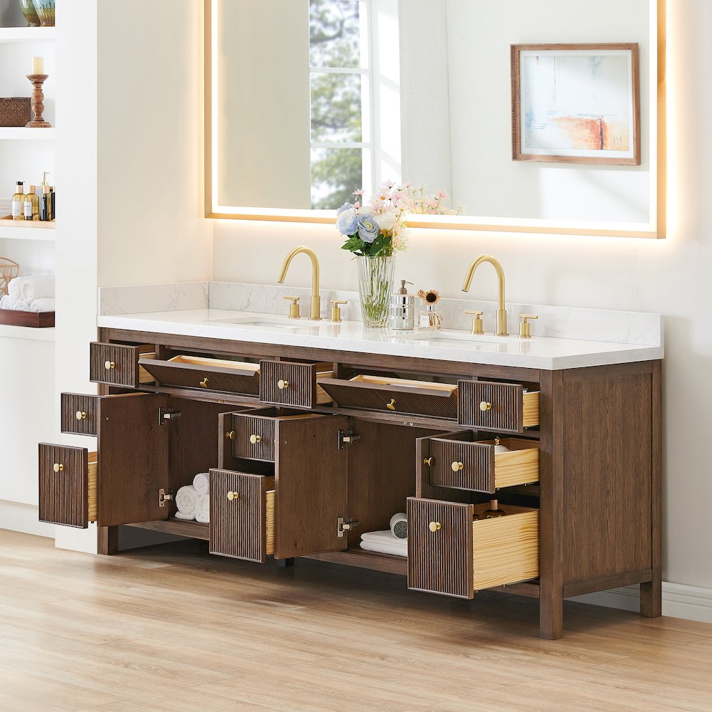 Double Bathroom Vanity in Brown Oak Grain White Engineered Stone Countertop