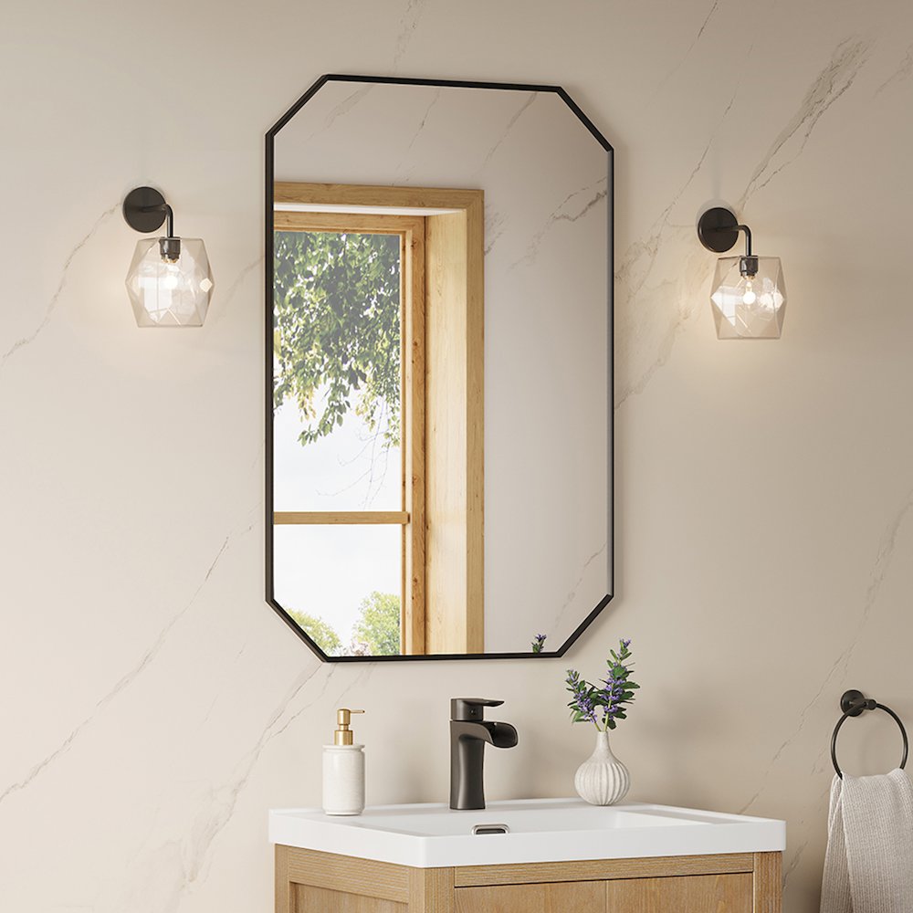 24"x36" Octagon Aluminum Framed in Matte Black Modern Bathroom Wall Mirror