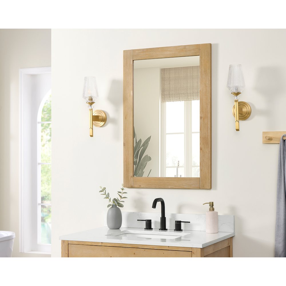 24" Rectangular Bathroom Wood Framed Wall Mirror in Light Brown