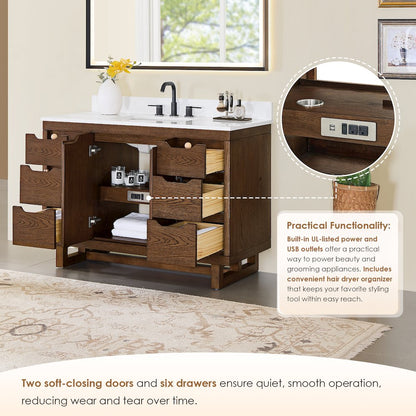 48" Single Bathroom Vanity in Brown Brushed Oak with Grain White