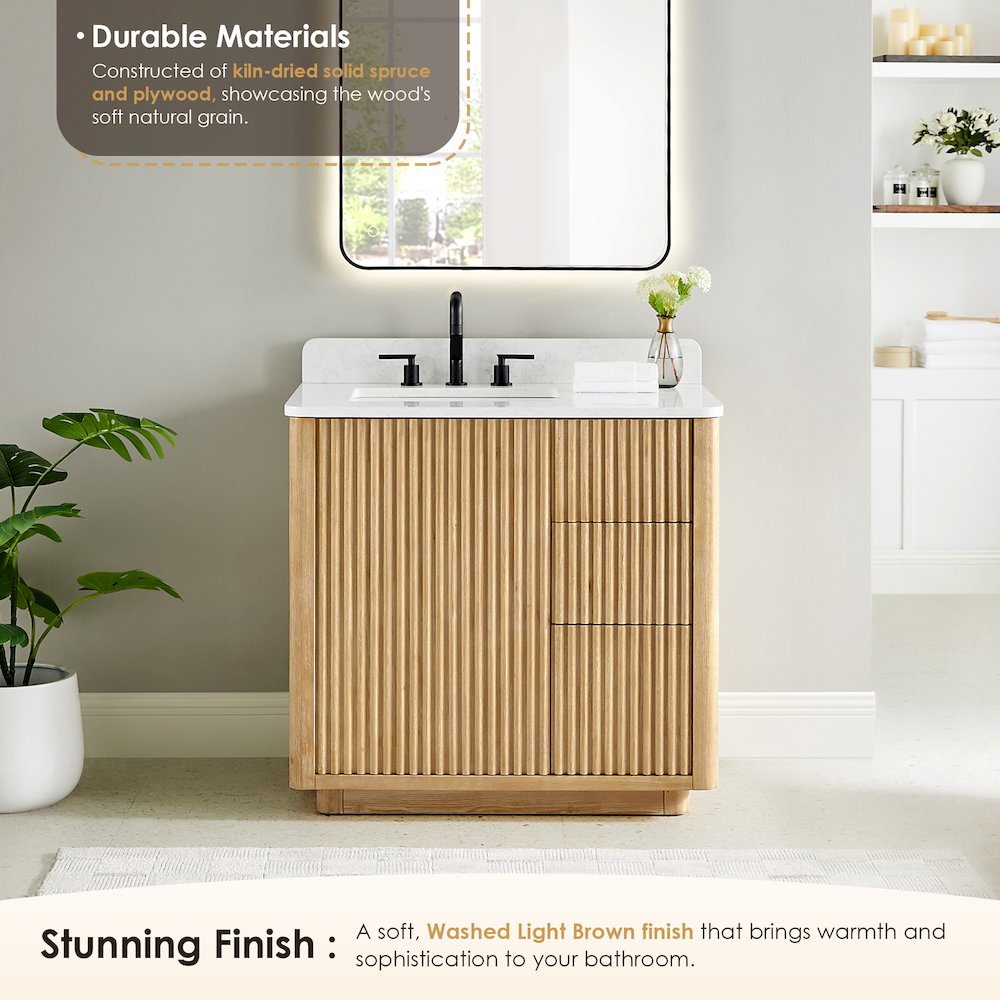36" Single Bathroom Vanity in Washed Light Brown with Grain White