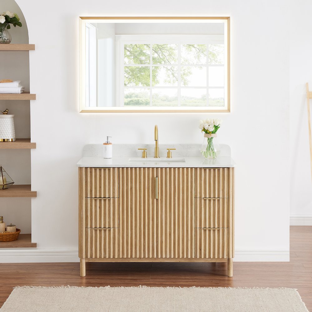 Single Bathroom Vanity in Washing Light Brown Grain White Engineered Stone