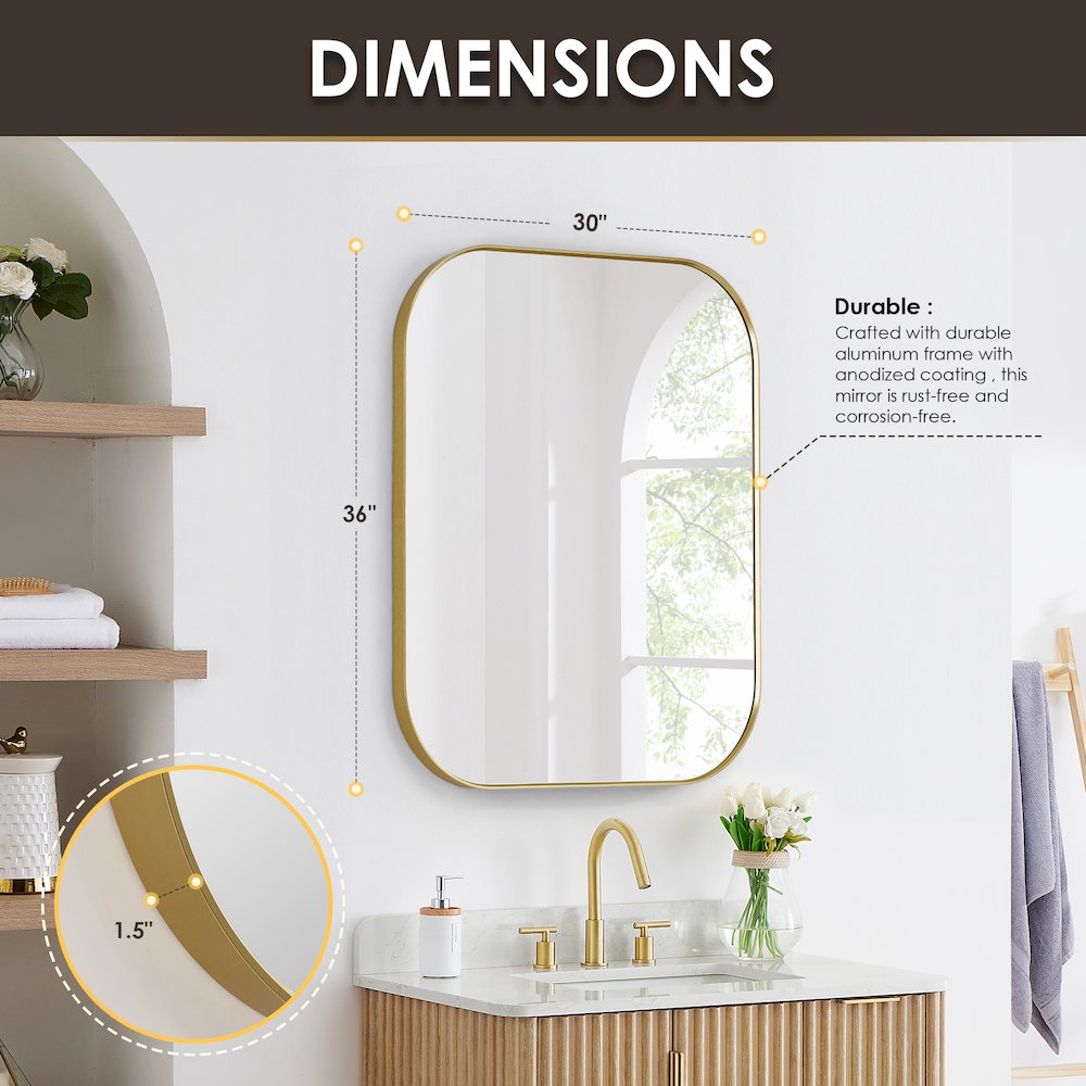 36x30" Rectangular Aluminum Framed in Brushed Gold Modern Bathroom Wall Mirror