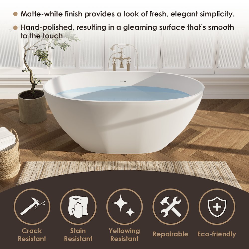 55" x 30" Solid Surface Soaking Bathtub and Integrated Overflow