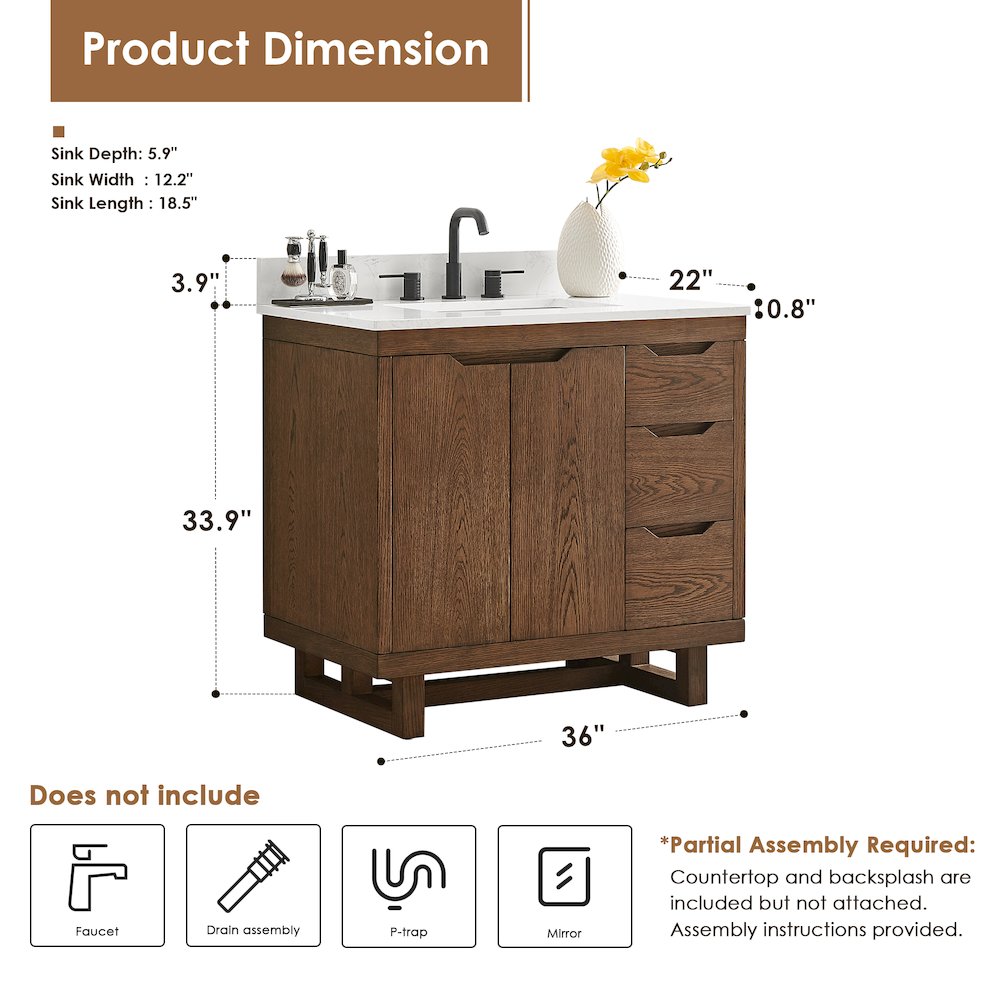 36" Single Bathroom Vanity in Brown Brushed Oak with Grain White