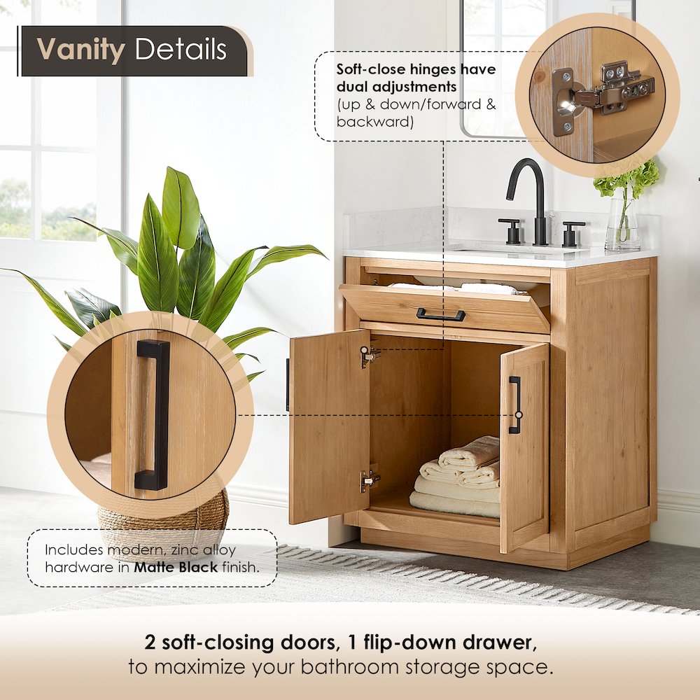 30" Single Bathroom Vanity in Light Brown with Grain White