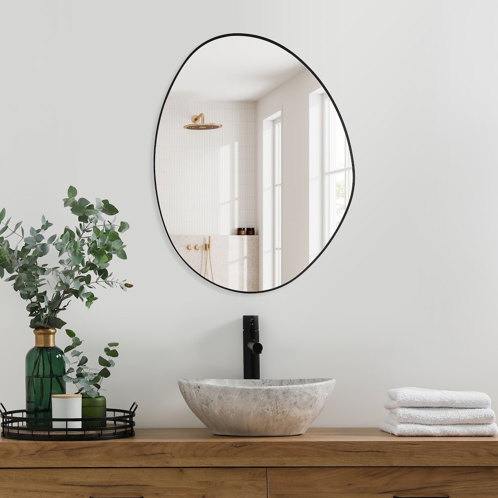 28"x36" Irregular Aluminum Framed in Matte Black Modern Bathroom Wall Mirror