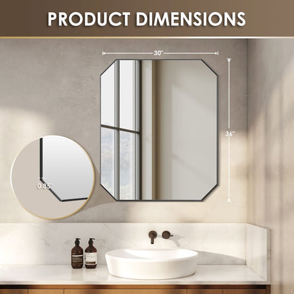 36"x30" Octagon Aluminum Framed in Matte Black Modern Bathroom Wall Mirror