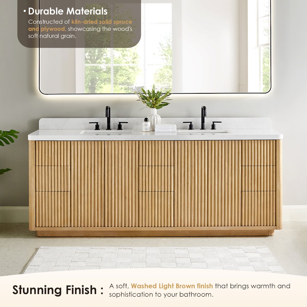 84" Double Bathroom Vanity in Washed Light Brown with Grain White