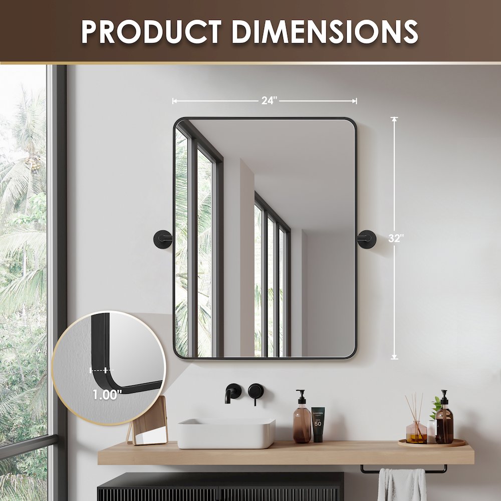 24x32'' Aluminum Framed in Matte Black Modern Bathroom Pivot Wall Mirror