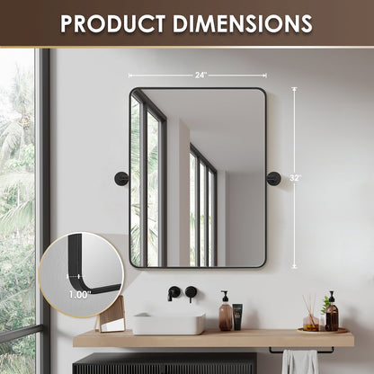 24x32'' Aluminum Framed in Matte Black Modern Bathroom Pivot Wall Mirror