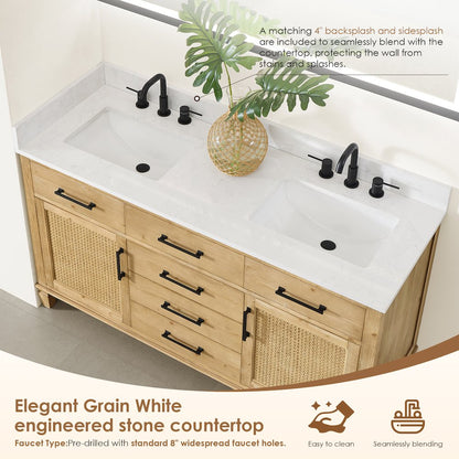 60" Double Bathroom Vanity in with Grain White Engineered Stone Countertop