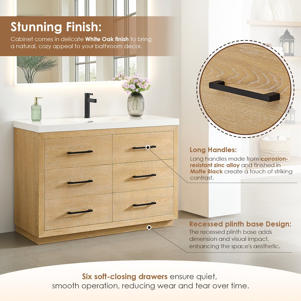 48" Single Bathroom Vanity in White Oak with White Artificial Drop-in Sink
