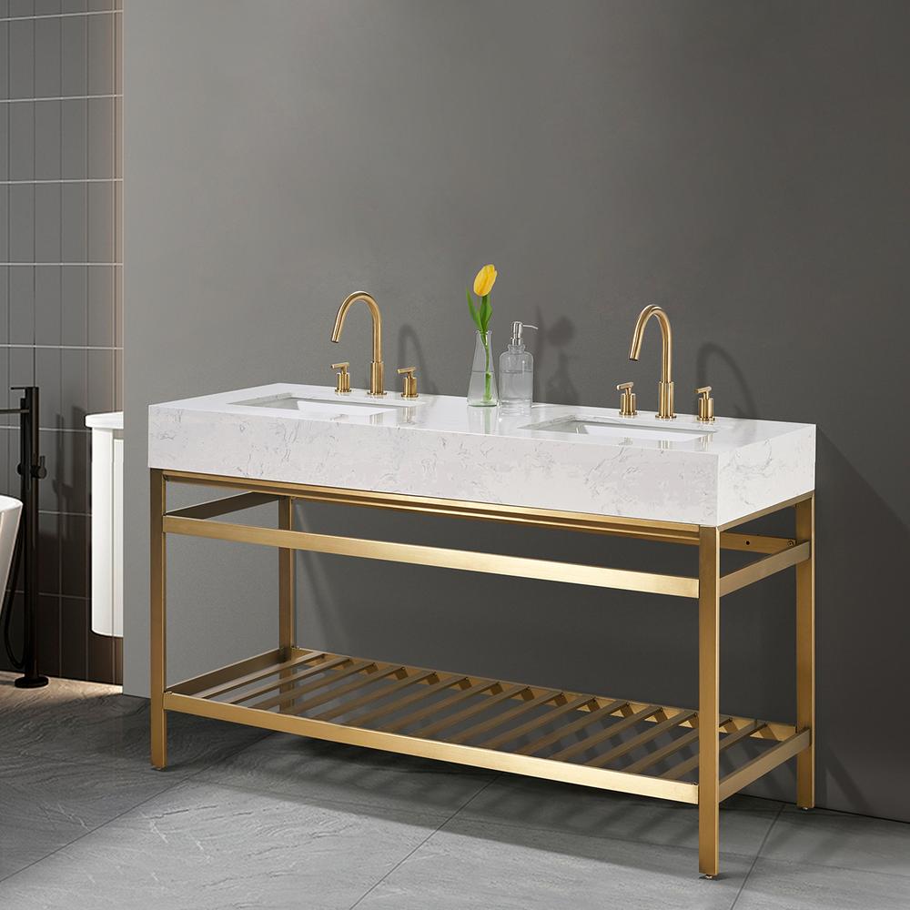 60" Double Stainless Steel Vanity Console in Brushed Gold without Mirror