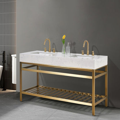 60" Double Stainless Steel Vanity Console in Brushed Gold without Mirror