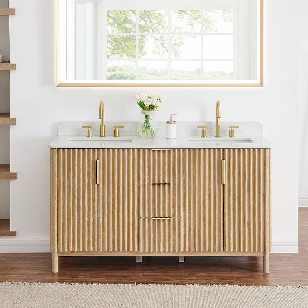 Double Bathroom Vanity in Washing Light Brown Grain White Engineered Stone