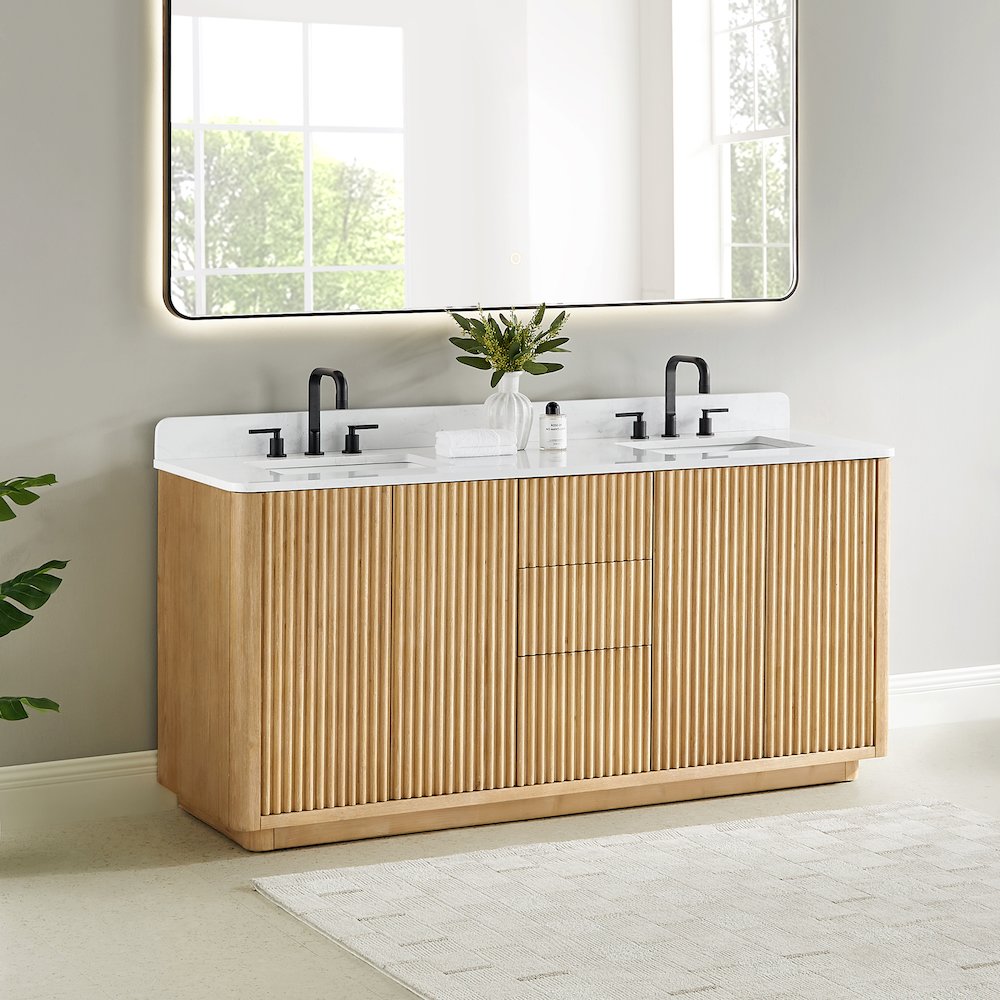 72" Double Bathroom Vanity in Washed Light Brown with Grain White
