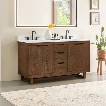 60" Double Bathroom Vanity in Brown Brushed Oak with Grain White