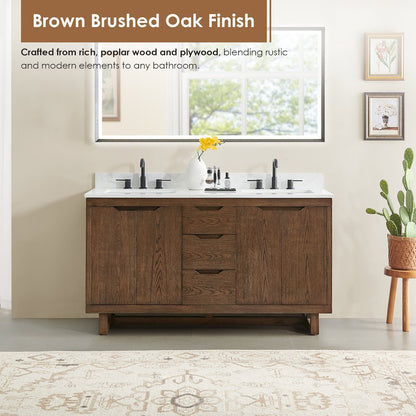 60" Double Bathroom Vanity in Brown Brushed Oak with Grain White