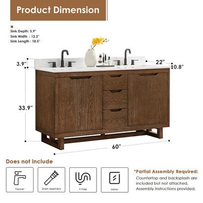 60" Double Bathroom Vanity in Brown Brushed Oak with Grain White