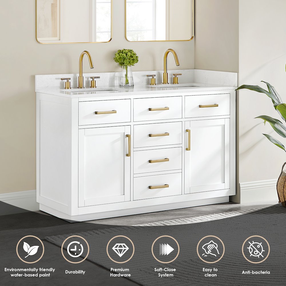 54" Double Bathroom Vanity in White with Grain White