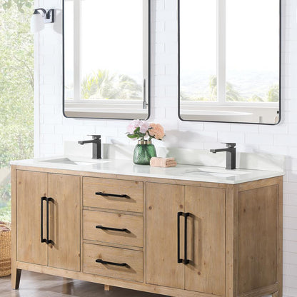 Arbios 72. in Quartz Stone Vanity Top in Calacatta White with White Sink