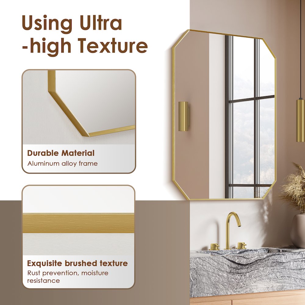 24"x36" Octagon Aluminum Framed in Brushed Gold Modern Bathroom Wall Mirror