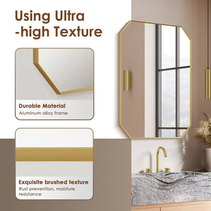 24"x36" Octagon Aluminum Framed in Brushed Gold Modern Bathroom Wall Mirror