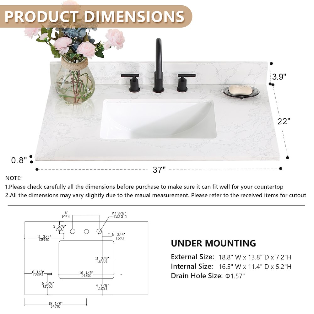 Ceres 37. in Engineered Stone Vanity Top in Grain White with Single White Sink