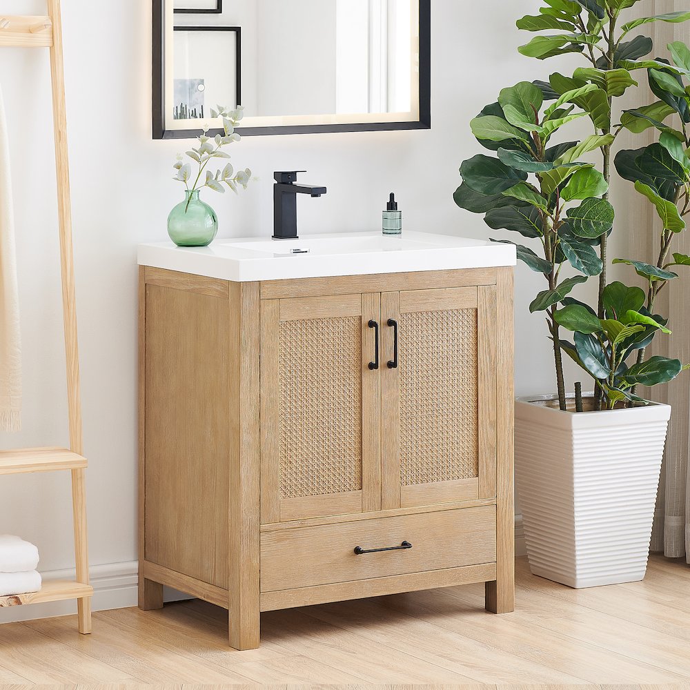 Single Bathroom Vanity in Light Brown White Artificial Drop-in Sink