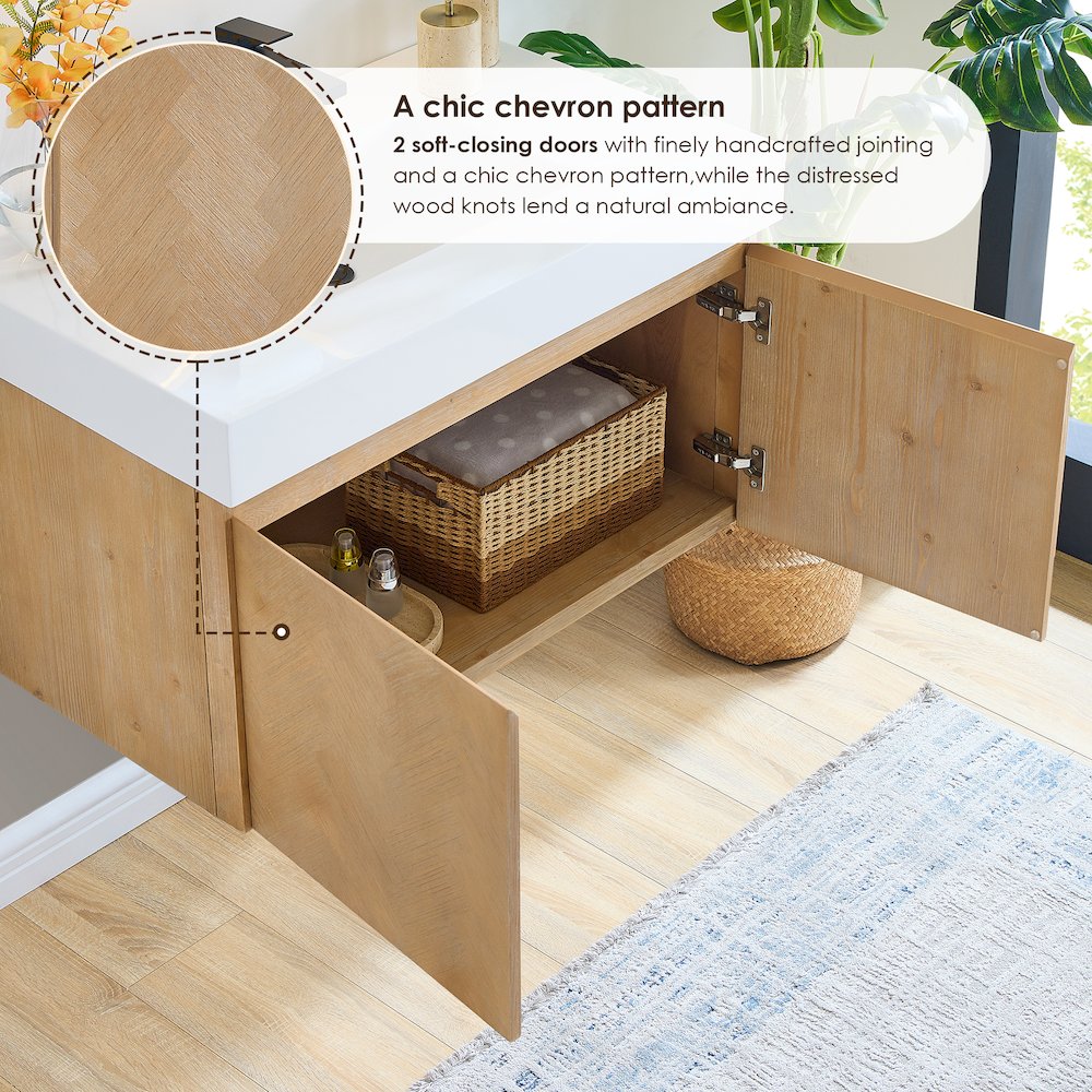 Single Bathroom Vanity in Light Brown White Artificial Drop-in Sink