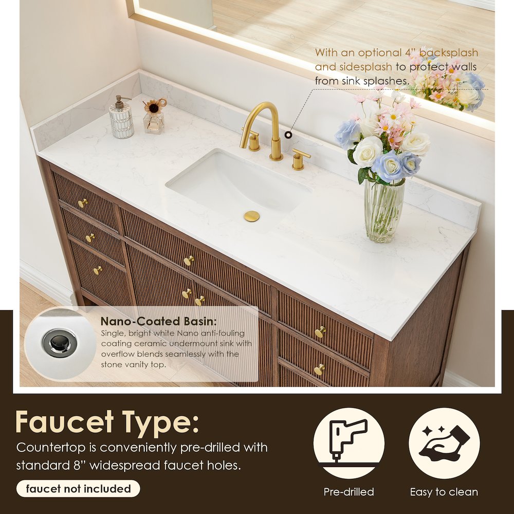 Single Bathroom Vanity in Brown Oak Grain White Engineered Stone Countertop