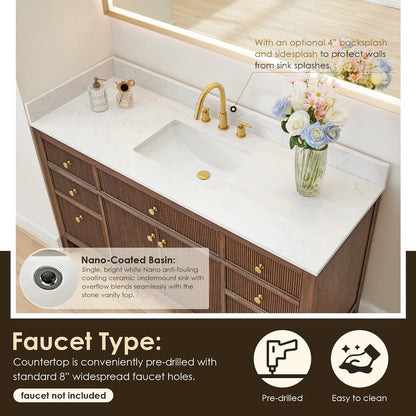 Single Bathroom Vanity in Brown Oak Grain White Engineered Stone Countertop