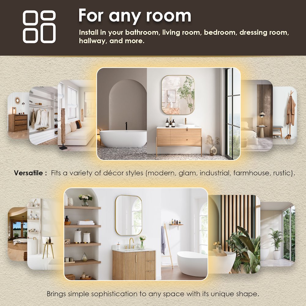 36x30" Rectangular Aluminum Framed in Brushed Gold Modern Bathroom Wall Mirror