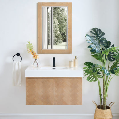 24" Rectangular Bathroom Wood Framed Wall Mirror in Light Brown