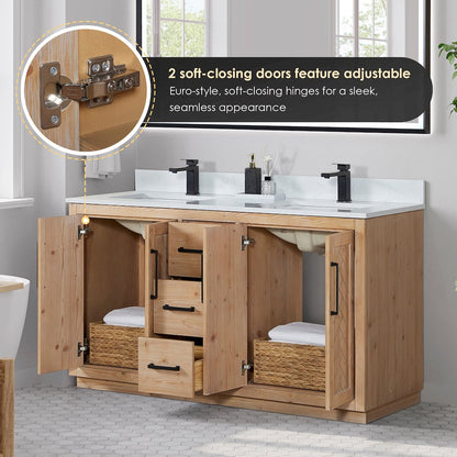 60" Double Bathroom Vanity with Grain White Countertop without Mirror