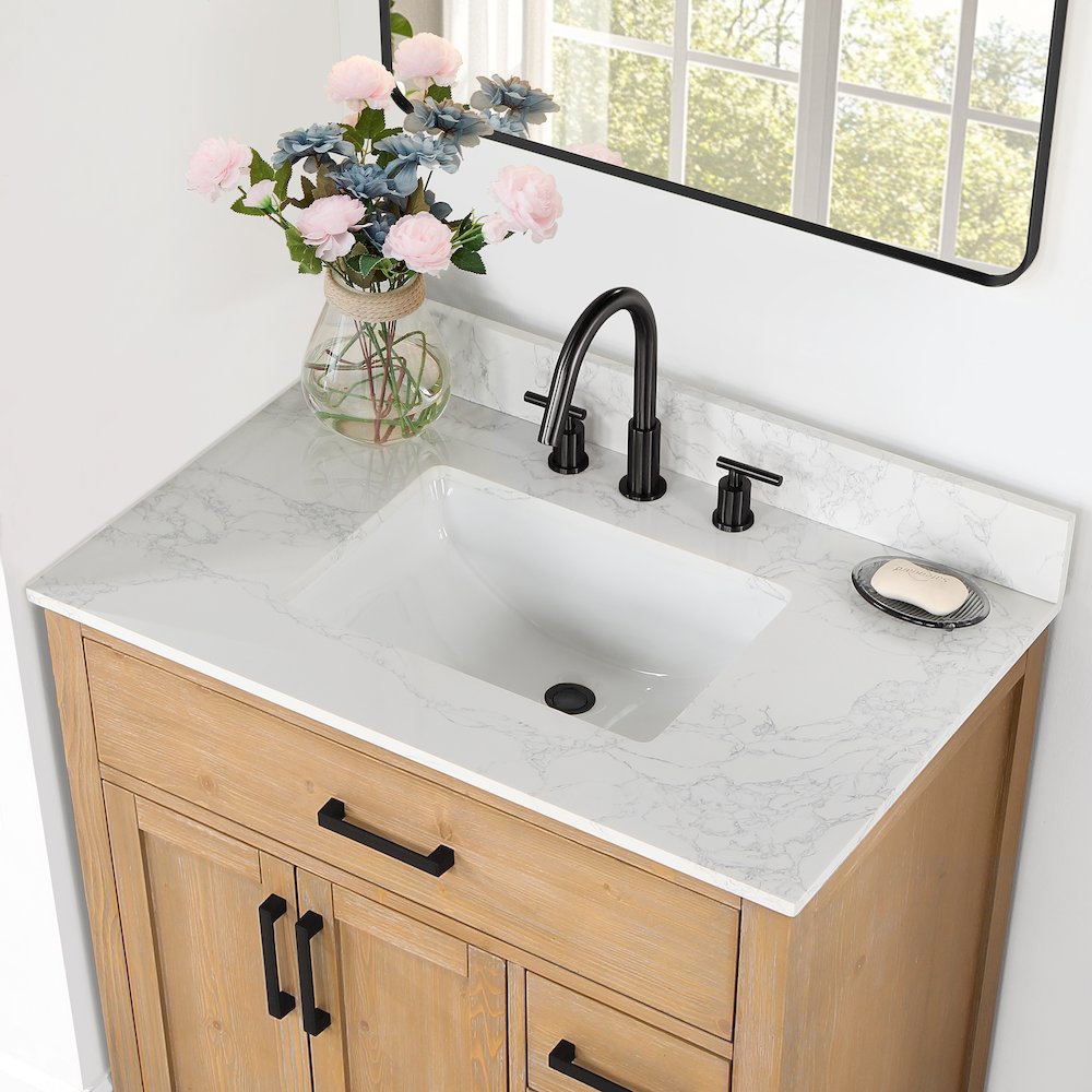Ceres 37. in Engineered Stone Vanity Top in Grain White with Single White Sink