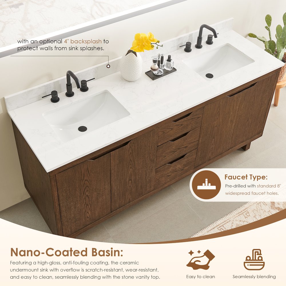 72" Double Bathroom Vanity in Brown Brushed Oak with Grain White