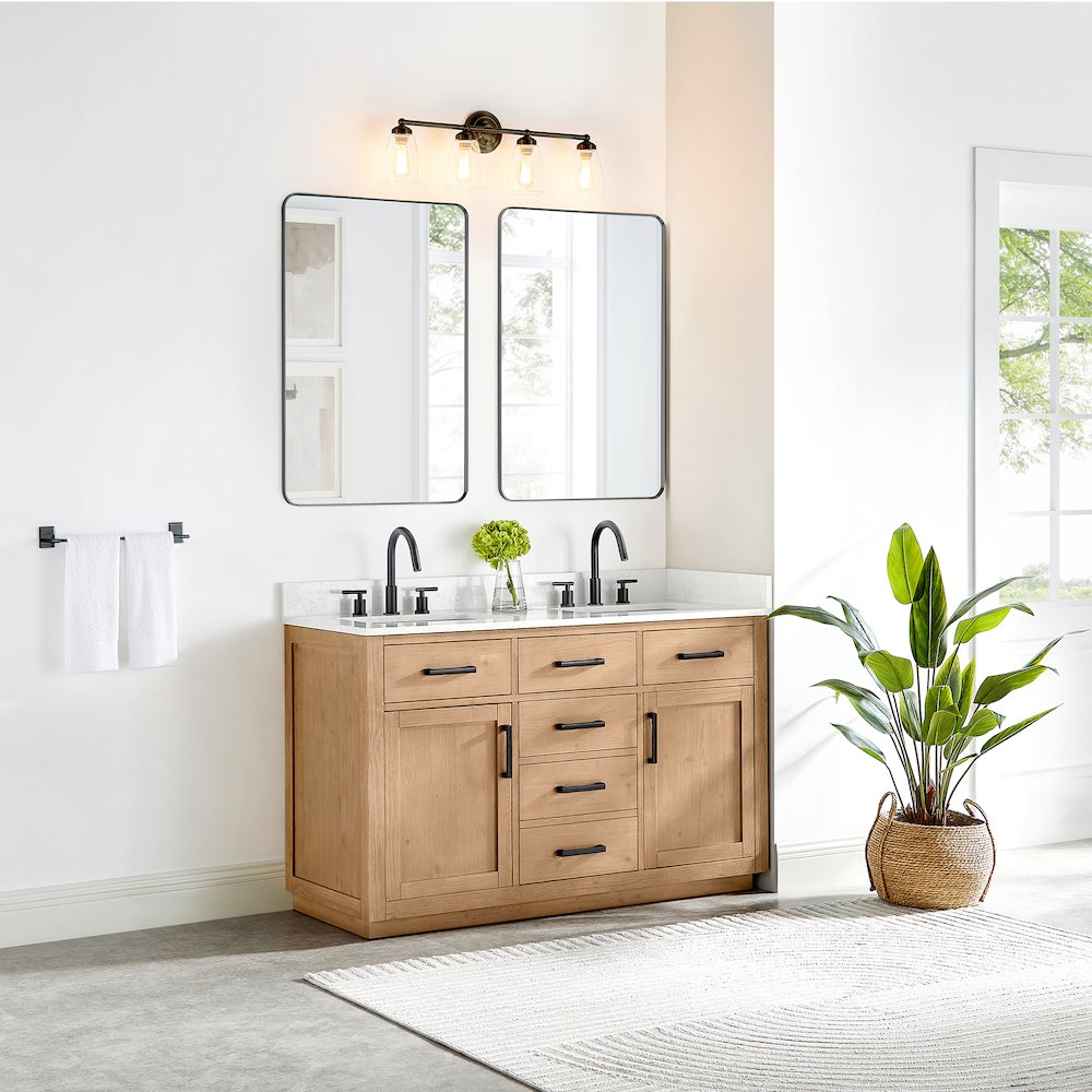 54" Double Bathroom Vanity in Light Brown with Grain White