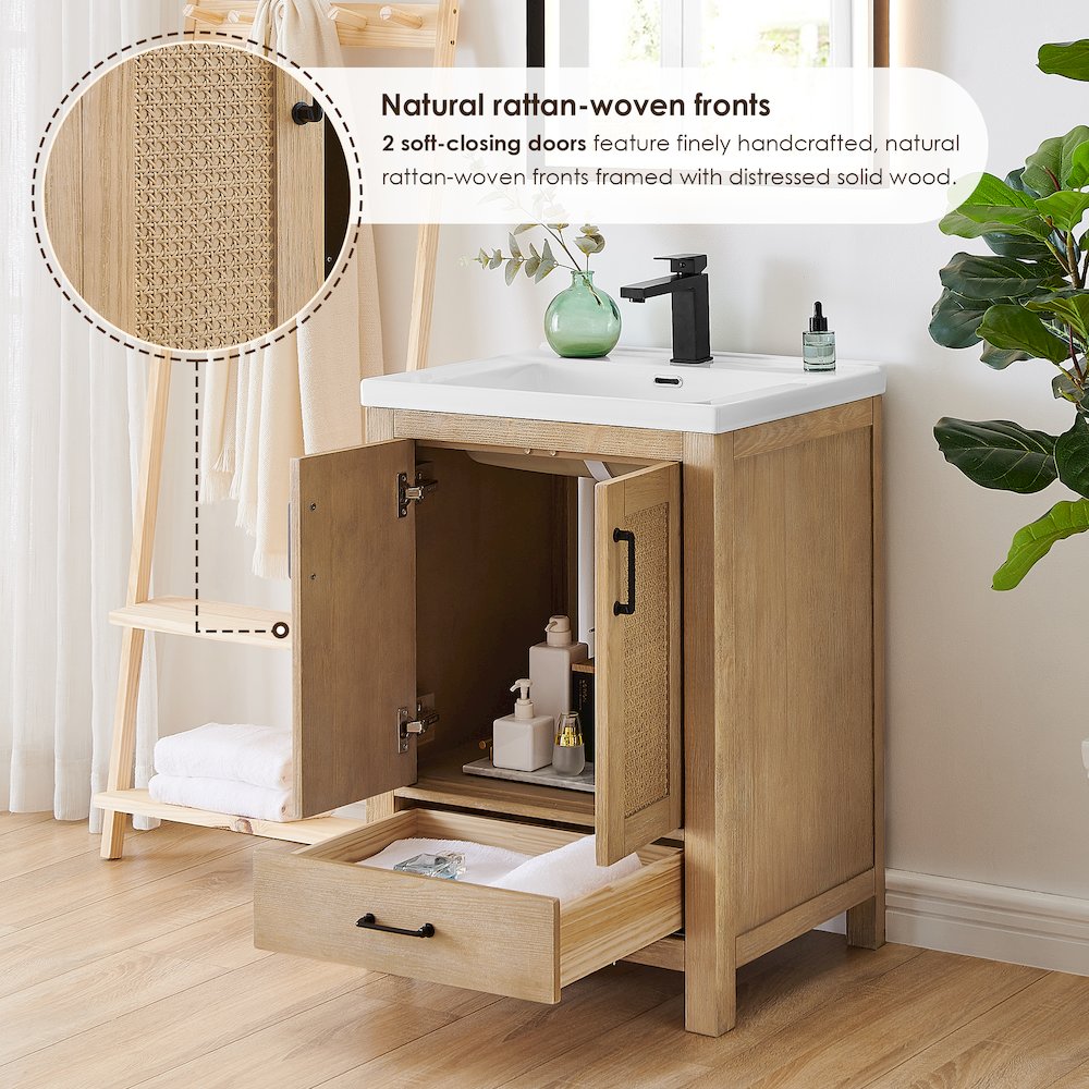 Single Bathroom Vanity in Light Brown White Ceramic Drop-in Sink
