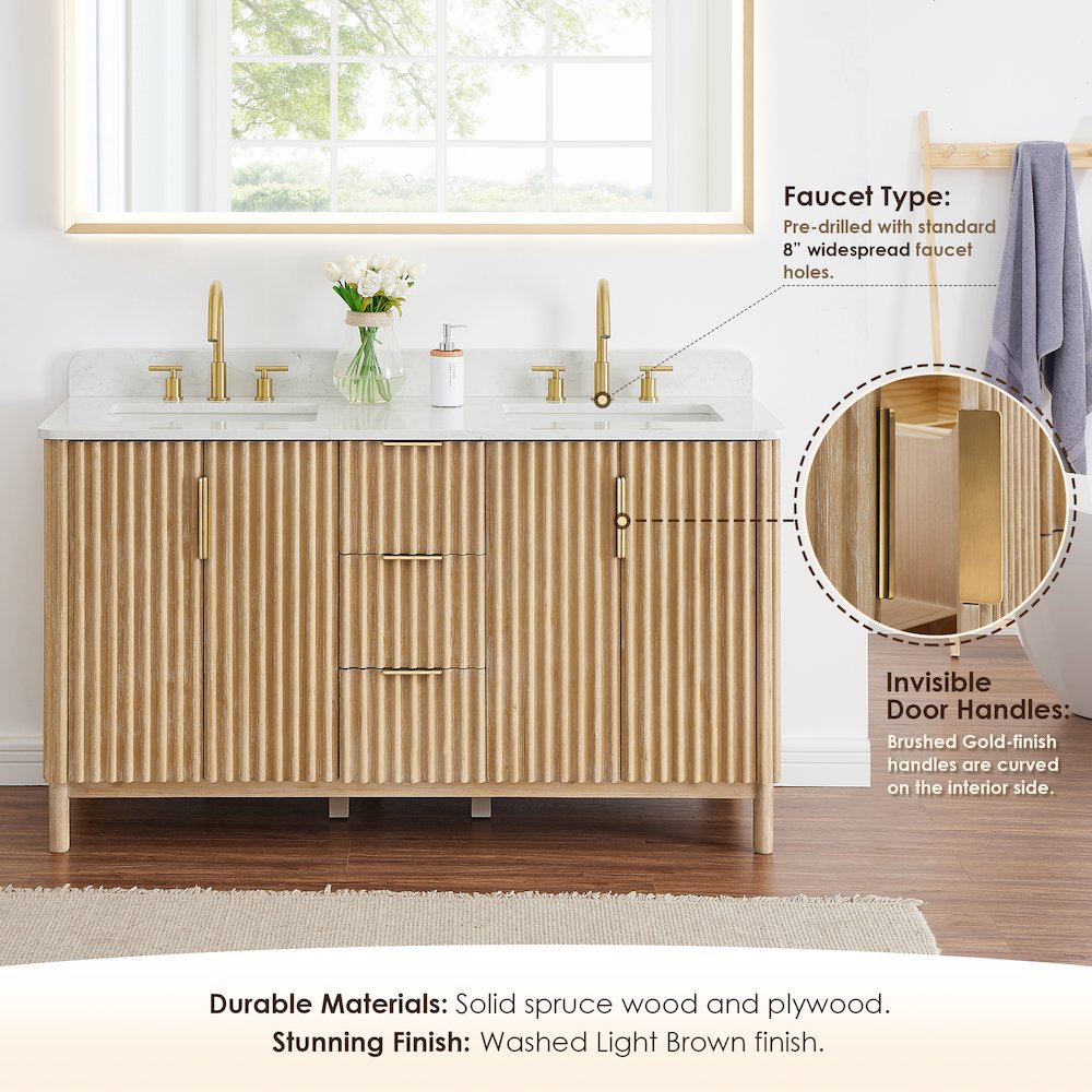 Double Bathroom Vanity in Washing Light Brown Grain White Engineered Stone